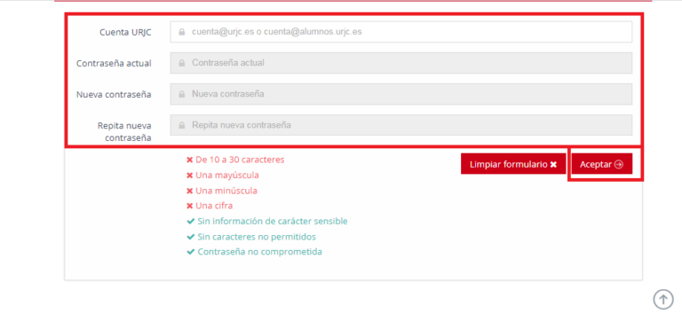 Instrucciones cambiar contraseña correo URJC para acceder Aula Virtual URJC Universidad Rey Juan Carlos