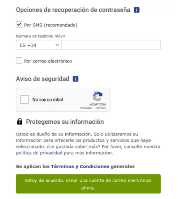 registrar el medio de rescuperacion de la contraseña en gmx