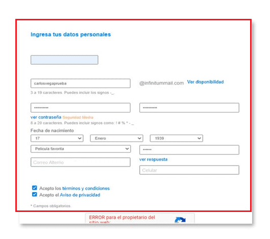 ingresa tus datos para crear correo prodigy